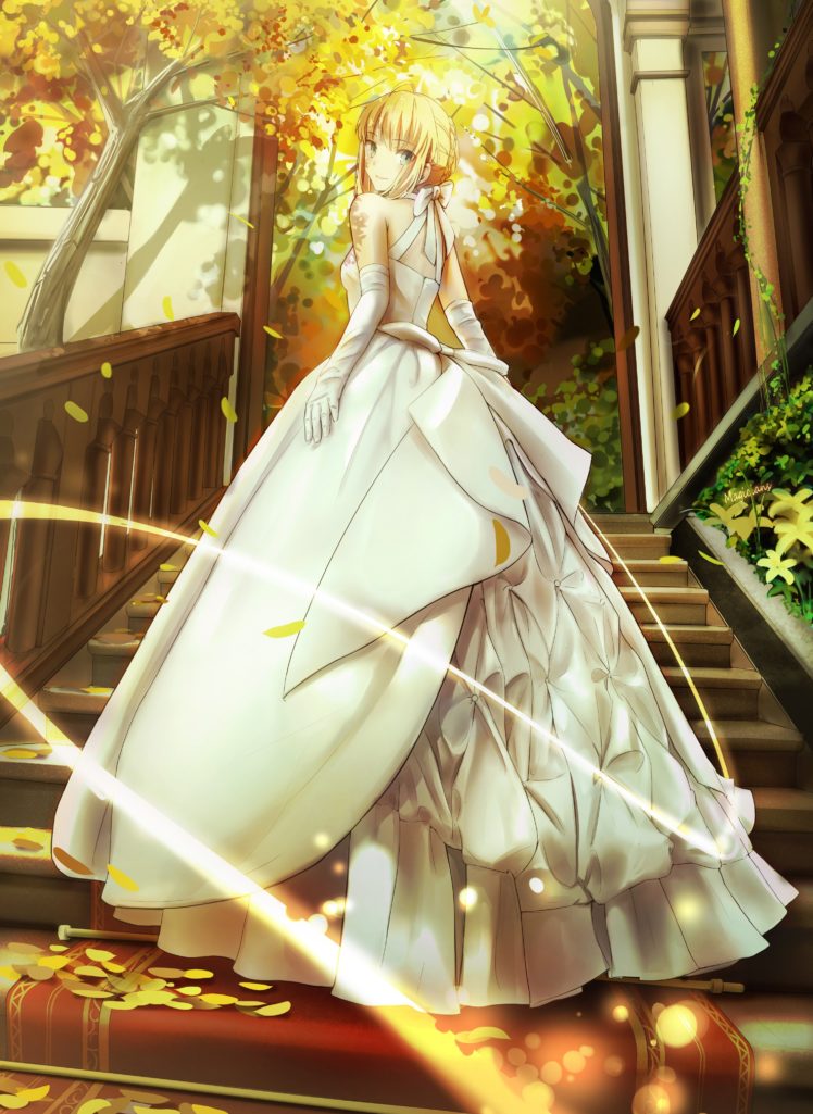 Saber, Dress, Anime, Fate Stay Night, Saber Lily, Wedding dress, Ribbon, Braids, Stairs, Petals, Trees, Anime girls HD Wallpaper Desktop Background