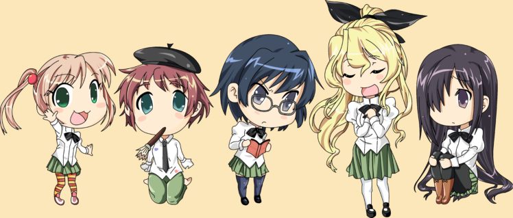 Katawa Shoujo, Lilly Satou, Rin Tezuka, Ibarazaki Emi, Hanako Ikezawa, Shizune Hakamichi, Chibi, Simple background HD Wallpaper Desktop Background