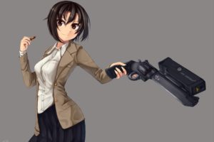 anime girls, Anime, Simple background, Short hair, Weapon, Gun, Dark hair