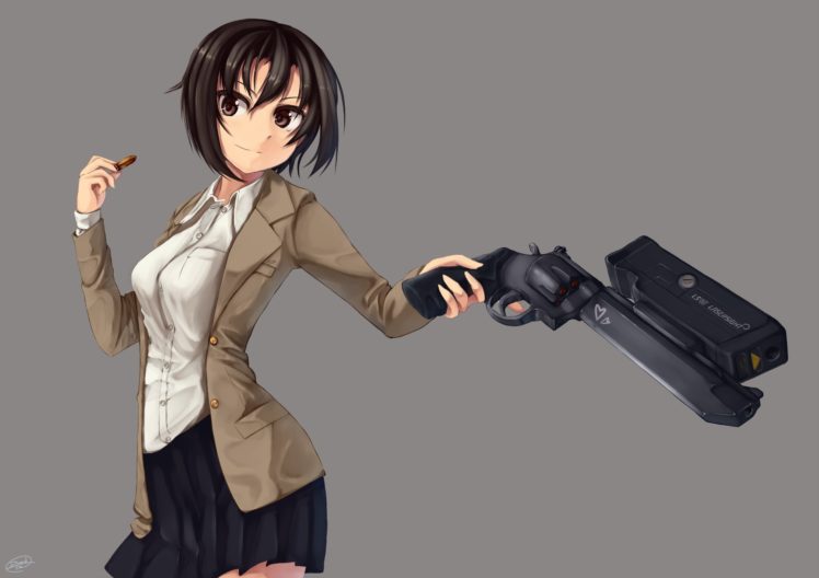 anime girls, Anime, Simple background, Short hair, Weapon, Gun, Dark hair HD Wallpaper Desktop Background