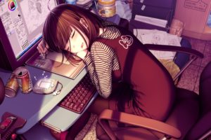 anime girls, Sayori, Brunette, Computer, Graphics tablets, Sleeping, Chair