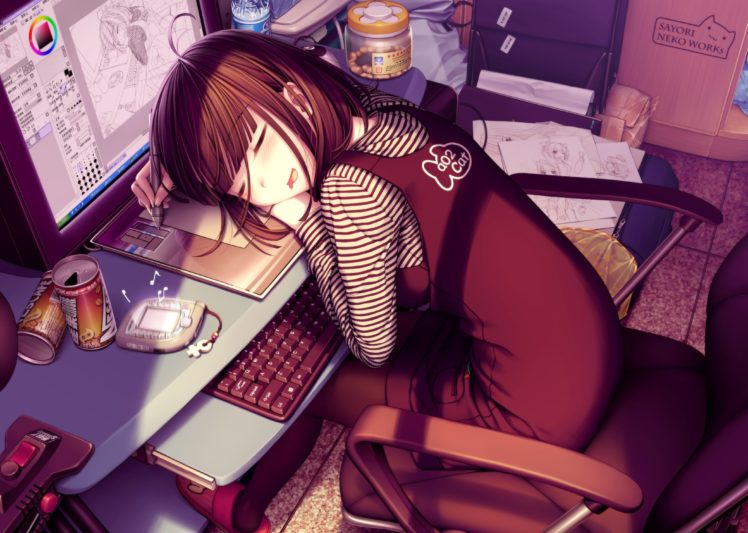 anime girls, Sayori, Brunette, Computer, Graphics tablets, Sleeping, Chair HD Wallpaper Desktop Background