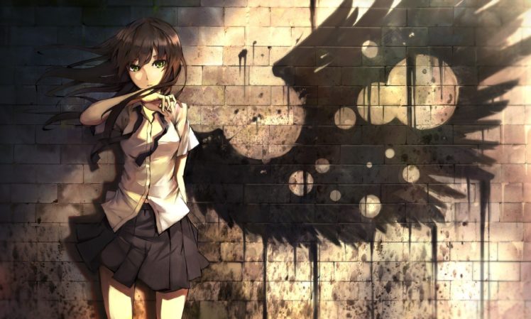 anime girls, Wings, Skirt, Green eyes, Black hair, Original characters HD Wallpaper Desktop Background