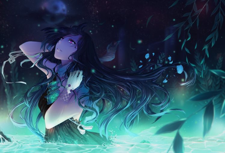 Vocaloid, Alys, Long hair, Purple eyes, Black dress, Ribbon, Flowers, Water, Night, Anime girls, Anime HD Wallpaper Desktop Background