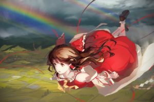 Touhou, Hakurei Reimu, Flying, Rainbows