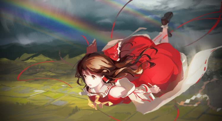 Touhou, Hakurei Reimu, Flying, Rainbows HD Wallpaper Desktop Background