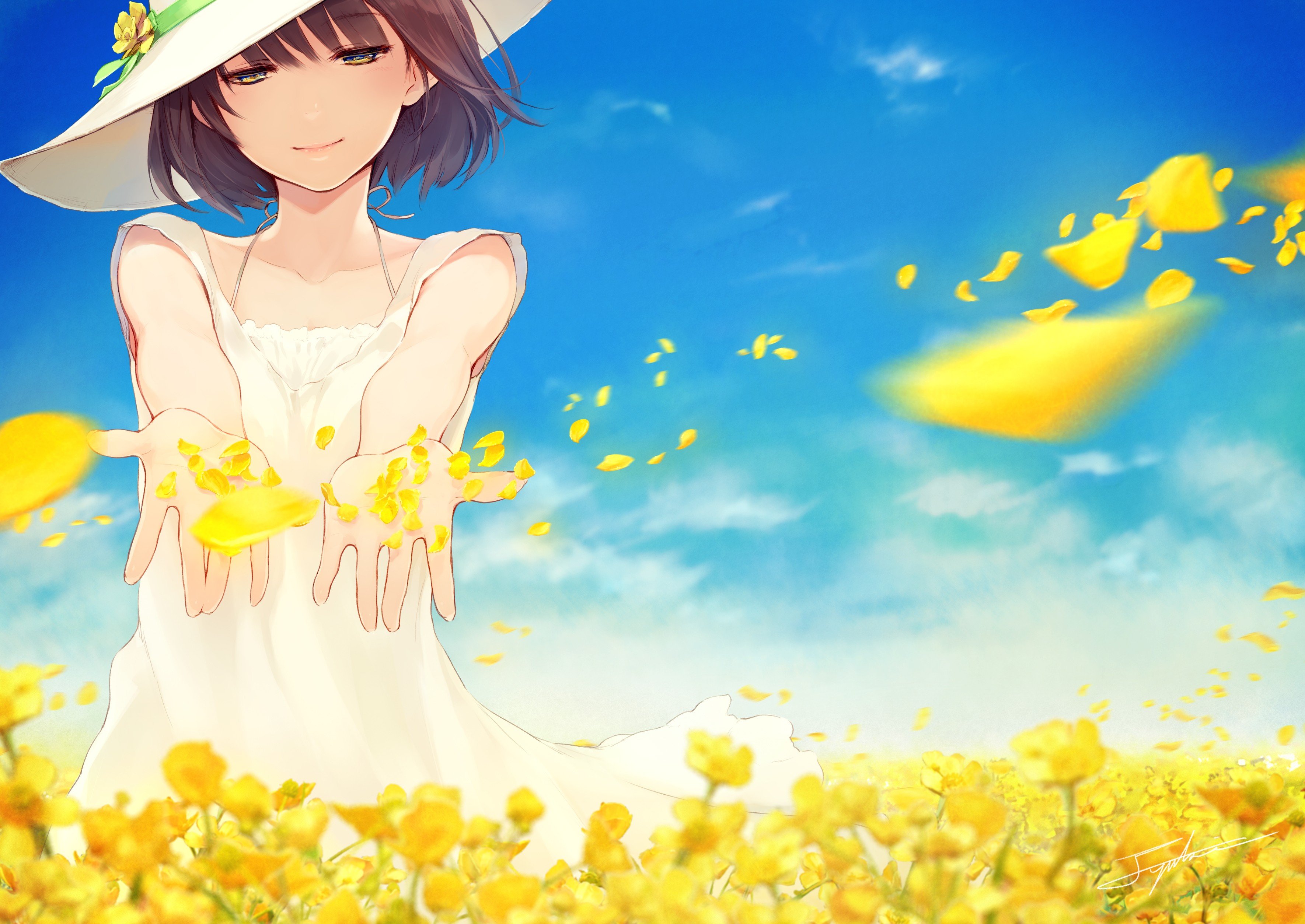 anime girls, Sky, Flowers Wallpaper