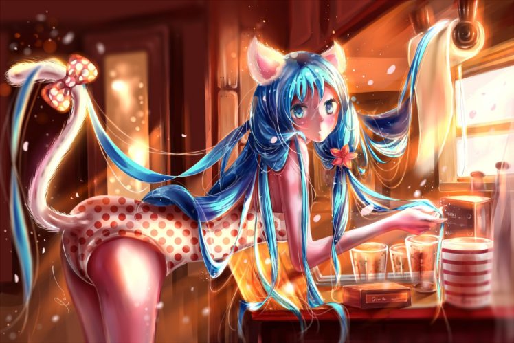 cat ears, Tail, Blushing, Blue hair HD Wallpaper Desktop Background