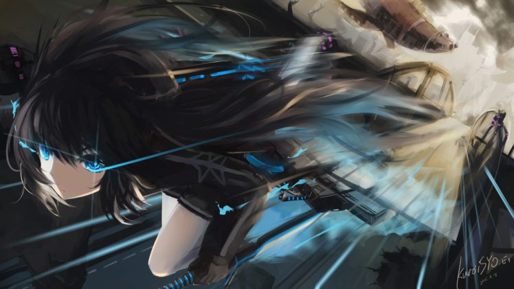 Black Rock Shooter, Kuroi Mato, Fiery eyes, Long hair, Twintails, Fighting, Wind, Anime girls, Anime HD Wallpaper Desktop Background