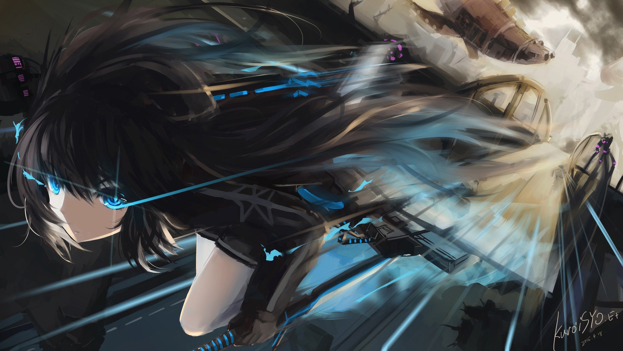 Black Rock Shooter, Kuroi Mato, Fiery eyes, Long hair, Twintails, Fighting, Wind, Anime girls, Anime Wallpaper