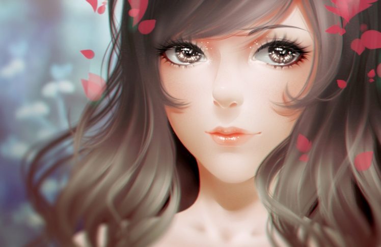original characters, Brown eyes, Petals HD Wallpaper Desktop Background