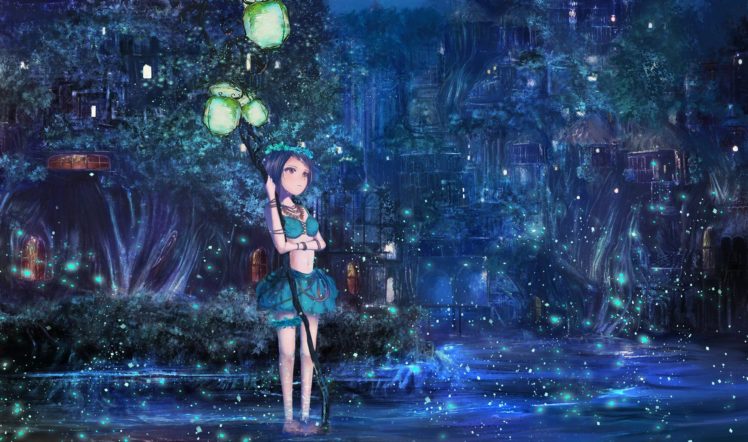 original characters, Blue hair, Water, Staff, Tiaras HD Wallpaper Desktop Background