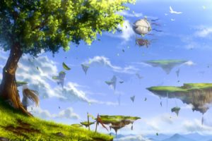 anime girls, Aircraft, Clouds, Birds, Trees