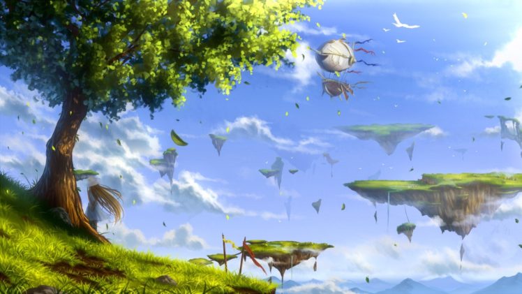 anime girls, Aircraft, Clouds, Birds, Trees HD Wallpaper Desktop Background