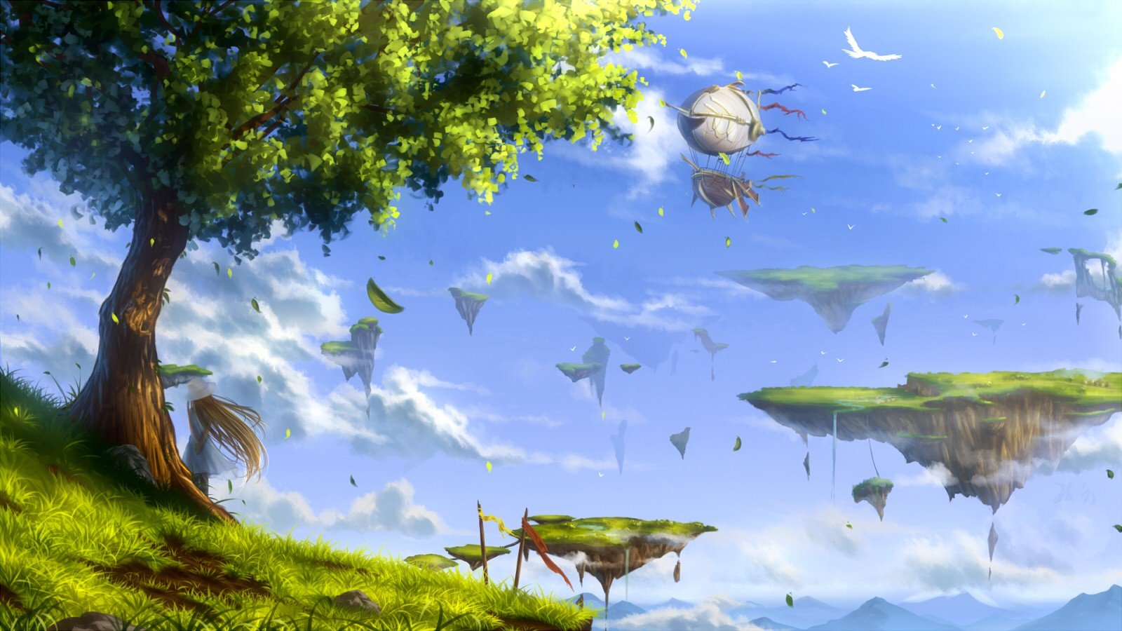 anime girls, Aircraft, Clouds, Birds, Trees Wallpaper