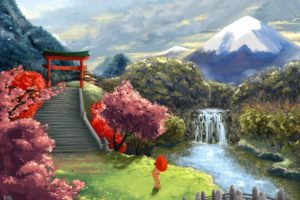 art, Asia, Umbrella, Landscape, Geisha, Cherry