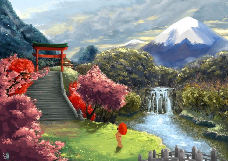art, Asia, Umbrella, Landscape, Geisha, Cherry HD Wallpaper Desktop Background