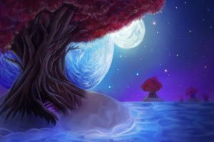 painting, Landscape, Tree, Leaves, Sky, Night, Stars, The, Moon, The, Planet