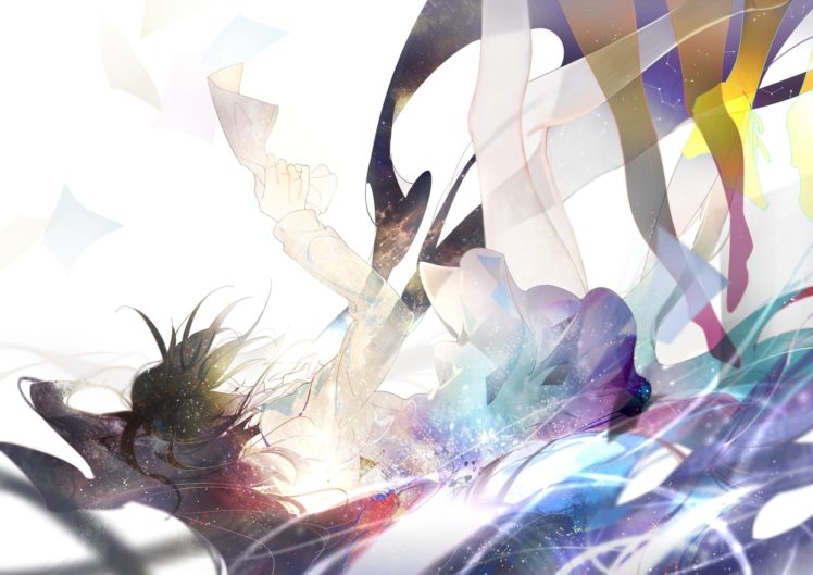 Vocaloid, Hatsune Miku, Long hair, Paper, Falling, Twintails, Skirt, Anime girls, Anime HD Wallpaper Desktop Background
