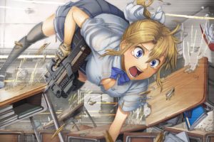 anime girls, School uniform, Weapon, FN P90