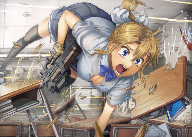anime girls, School uniform, Weapon, FN P90 HD Wallpaper Desktop Background