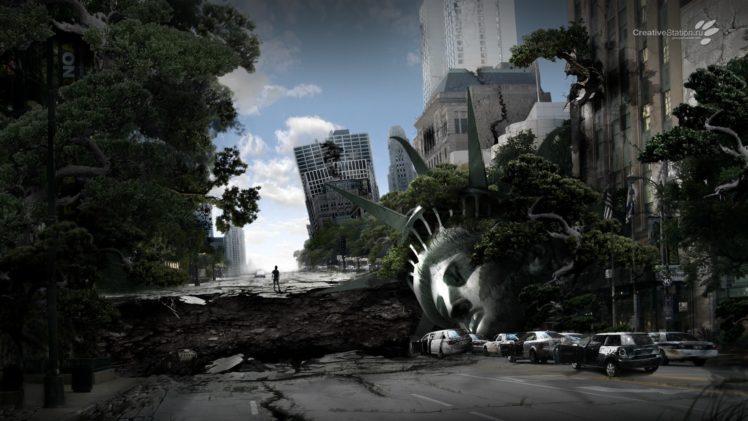 trees, Cars, Buildings, Crack, Statue, Of, Liberty, Apocalyptic, Photo, Manipulation HD Wallpaper Desktop Background