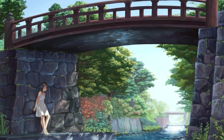 white dress, Bridge, Anime girls HD Wallpaper Desktop Background