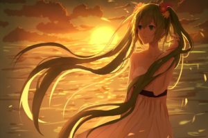 anime, Hatsune Miku, Sunset, Long hair, Twintails, Anime girls
