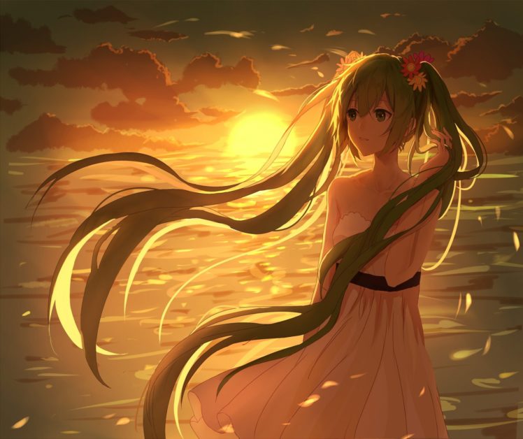 anime, Hatsune Miku, Sunset, Long hair, Twintails, Anime girls HD Wallpaper Desktop Background