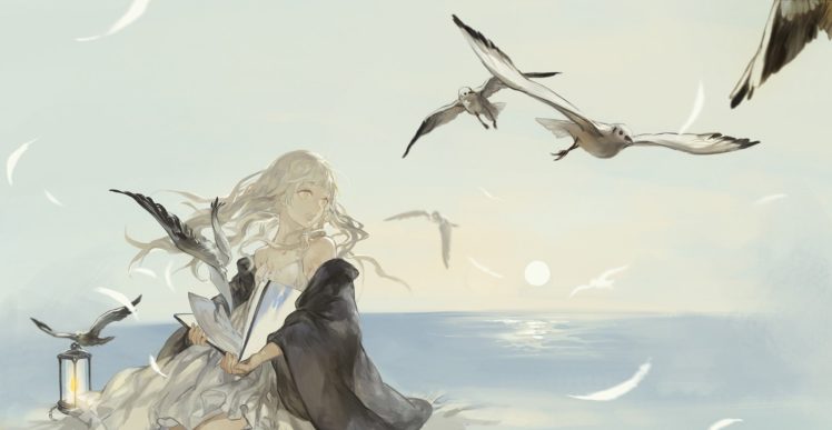 anime girls, Birds, Sea HD Wallpaper Desktop Background