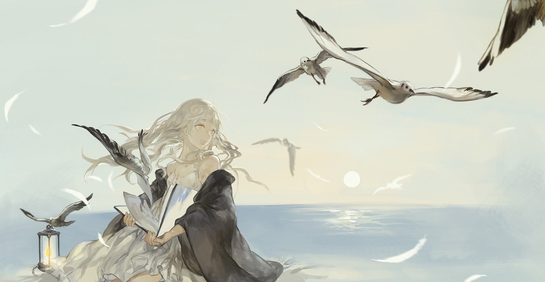 anime girls, Birds, Sea Wallpaper