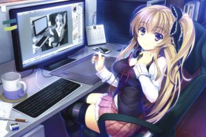 anime, Original characters, Computer, Keyboards, Graphics tablets, Thigh highs, Skirt
