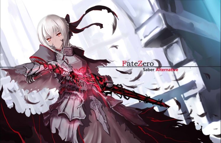 anime, Fate Series, Fate Zero, Saber Alter, Silver hair, Armor, Sword, Black ribbons, Hair bun, Red eyes HD Wallpaper Desktop Background