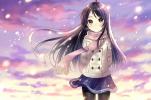 anime girls, Snow, Clouds, Skirt, Kurosaki Mayu no Hitomi ni Utsuru Utsukushii Sekai