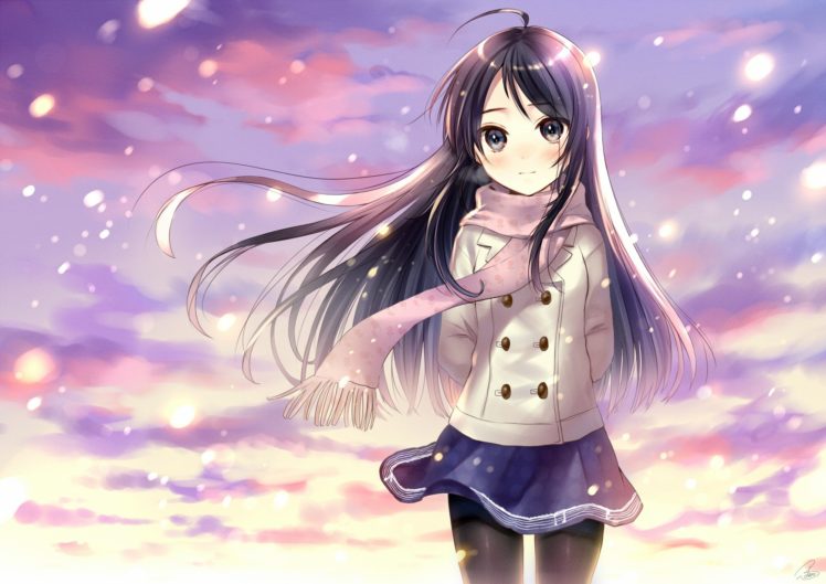 anime girls, Snow, Clouds, Skirt, Kurosaki Mayu no Hitomi ni Utsuru Utsukushii Sekai HD Wallpaper Desktop Background