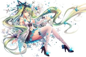 Vocaloid, Hatsune Miku, Long hair, Twintails, Ribbon, Earrings, Jewelry, Thigh highs, Zettai Ryouiki, Floating, Butterfly, Anime, Anime girls