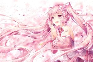 Vocaloid, Hatsune Miku, Sakura Miku, Long hair, Twintails, Flower in hair, Flower petals, Neckties, Crying, Anime, Anime girls