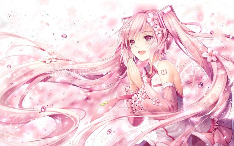 Vocaloid, Hatsune Miku, Sakura Miku, Long hair, Twintails, Flower in hair, Flower petals, Neckties, Crying, Anime, Anime girls HD Wallpaper Desktop Background