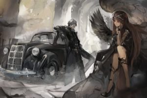 black, Angel, Brunette, Old car, Fantasy art, Original characters
