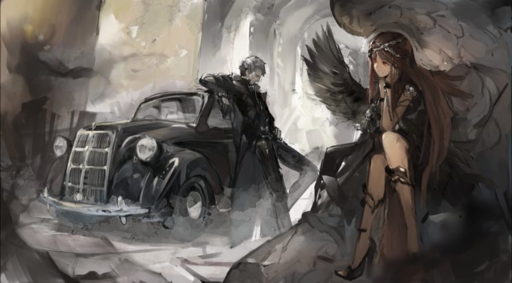 black, Angel, Brunette, Old car, Fantasy art, Original characters HD Wallpaper Desktop Background