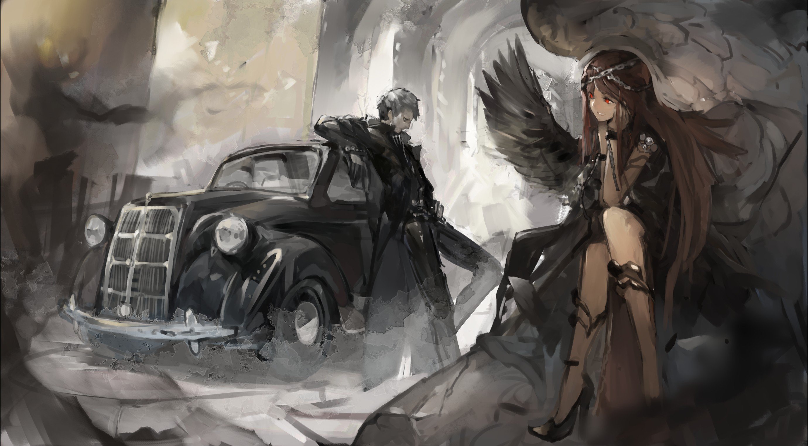 black, Angel, Brunette, Old car, Fantasy art, Original characters Wallpaper