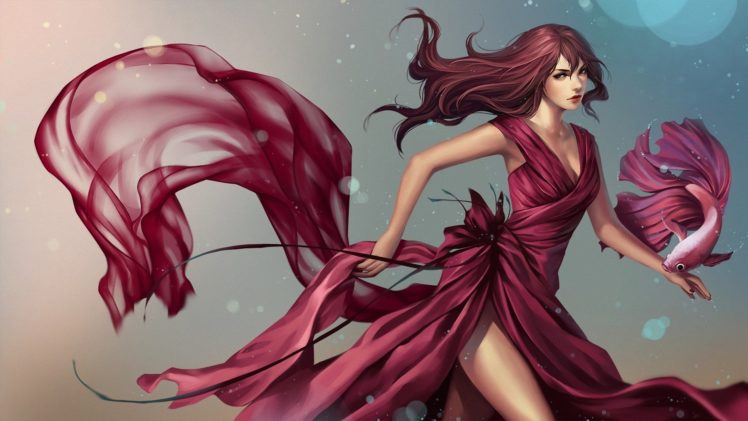 red dress, Fish, Original characters HD Wallpaper Desktop Background