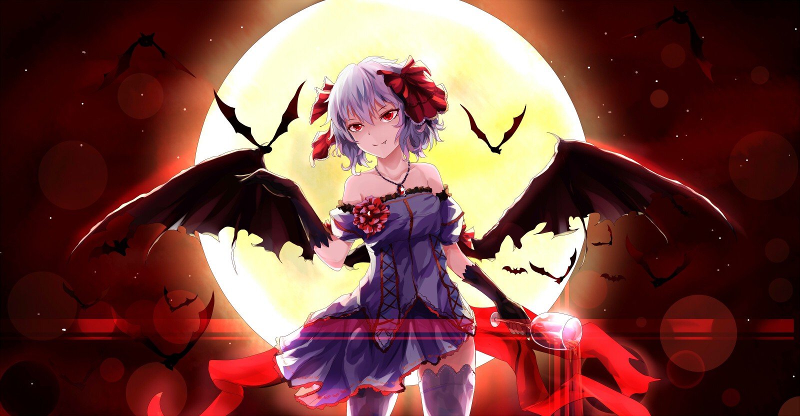 anime girls, Moon, Bats, Dress, Wings Wallpaper