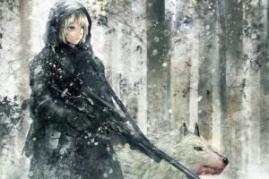 artwork, Gun, Wolf, Anime girls, Snow, Machine gun