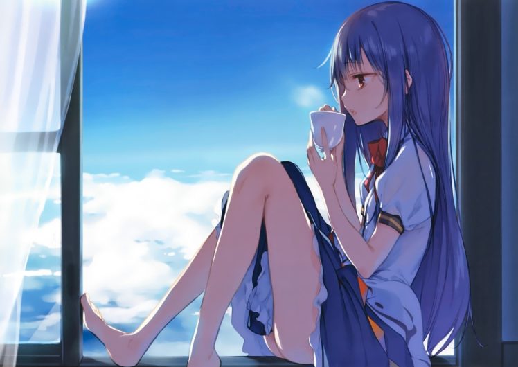long hair, Feet, Clouds, Sky, Curtains, Anime girls, Hinanawi Tenshi, Ke ta, Touhou HD Wallpaper Desktop Background