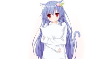 anime girls, Long hair, Animal ears, Blue hair, Pillow