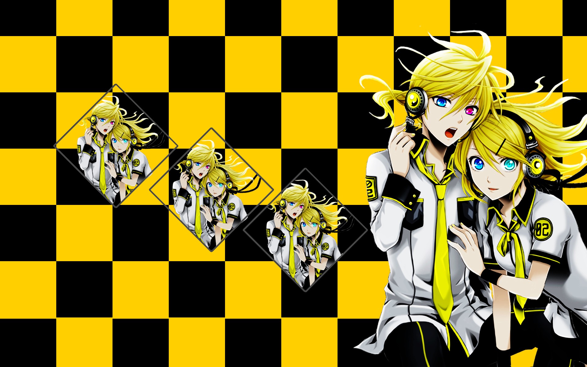 anime, Vocaloid, Kagamine Rin, Checkered Wallpaper