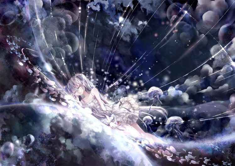 Vocaloid, Hatsune Miku, Long hair, Twintails, White dress, Fish, Medusa, Anime girls, Anime HD Wallpaper Desktop Background