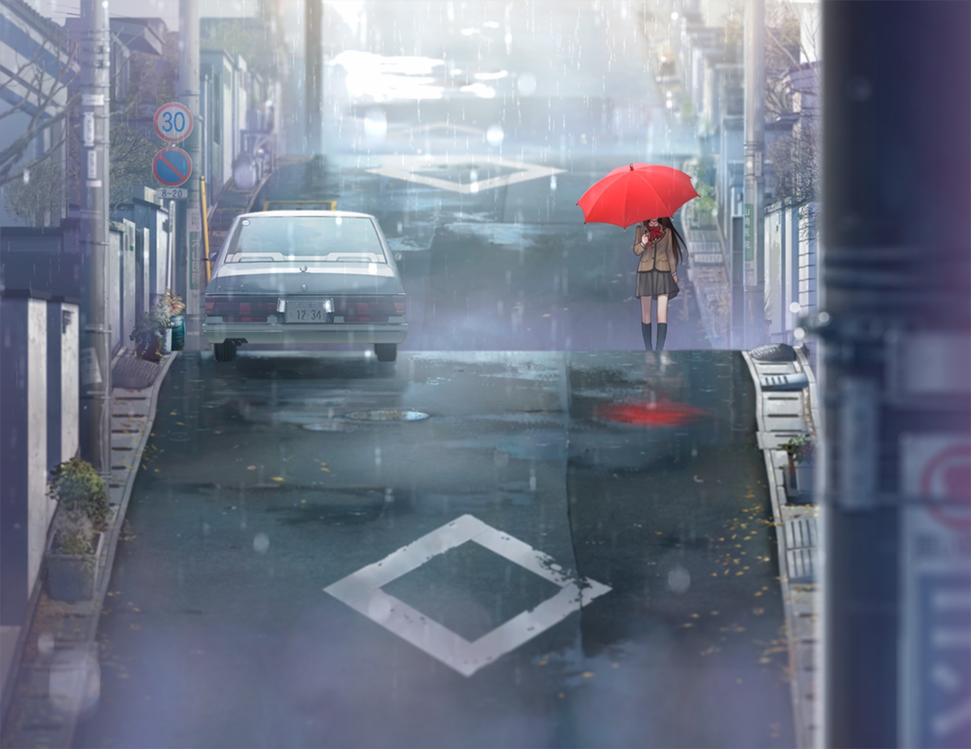 Aozaki Aoko, Umbrella, Schoolgirls, Street, Anime, Manga, Anime girls, Rain, Mahoutsukai no Yoru Wallpaper