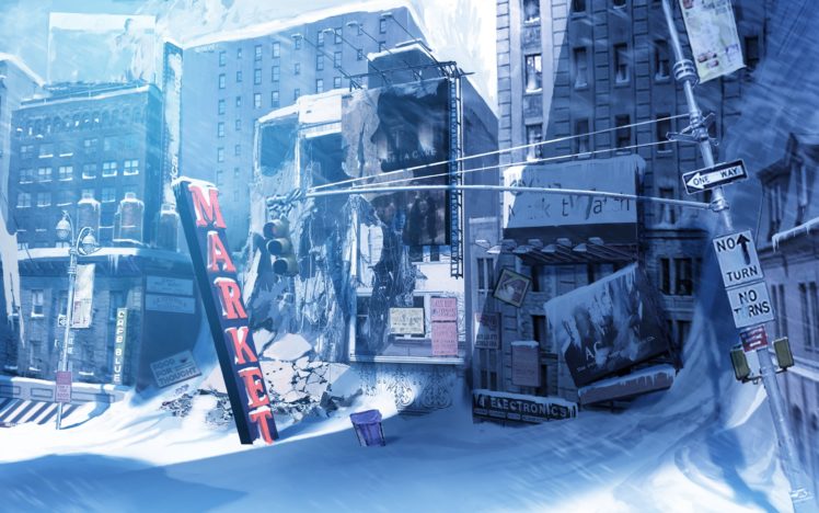 winter, Snow, Cityscapes, Post apocalyptic, Signs, Buildings, Traffic, Lights, Power, Lines HD Wallpaper Desktop Background